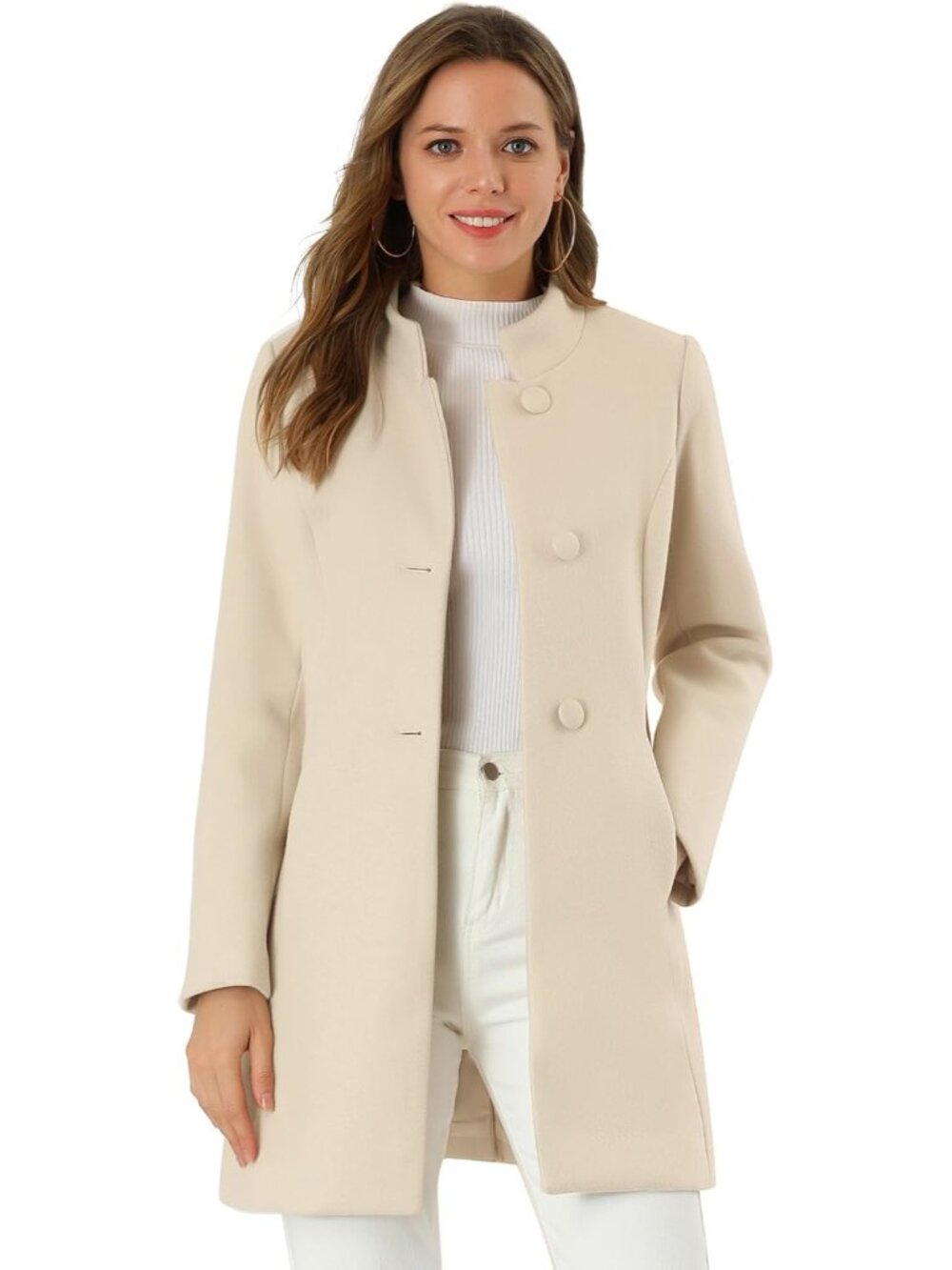 Women's Beige Winter Overcoat Mid Long Stand Single Breasted Soft Pea Coat